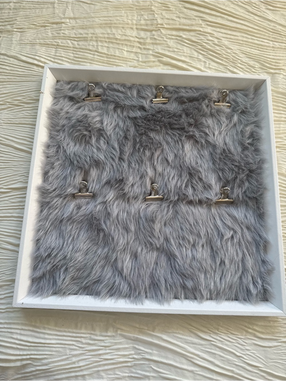 Gray Faux Fur Wall Display Frame with 6 Metal Clips – Unique Home Decor